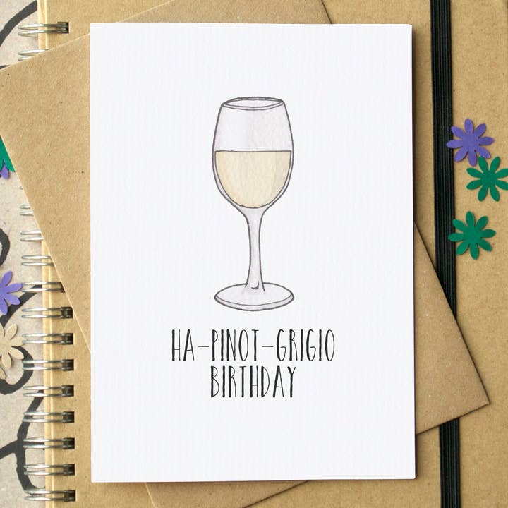 Funny Pinot Grigio Wine Birthday Card for wholesale by Becka Griffin Illustration