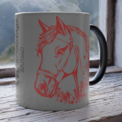 "Happy Holidays 2025"-Color Changing Holiday Horse Mug 11oz for wholesale by Equine & Design, LLC