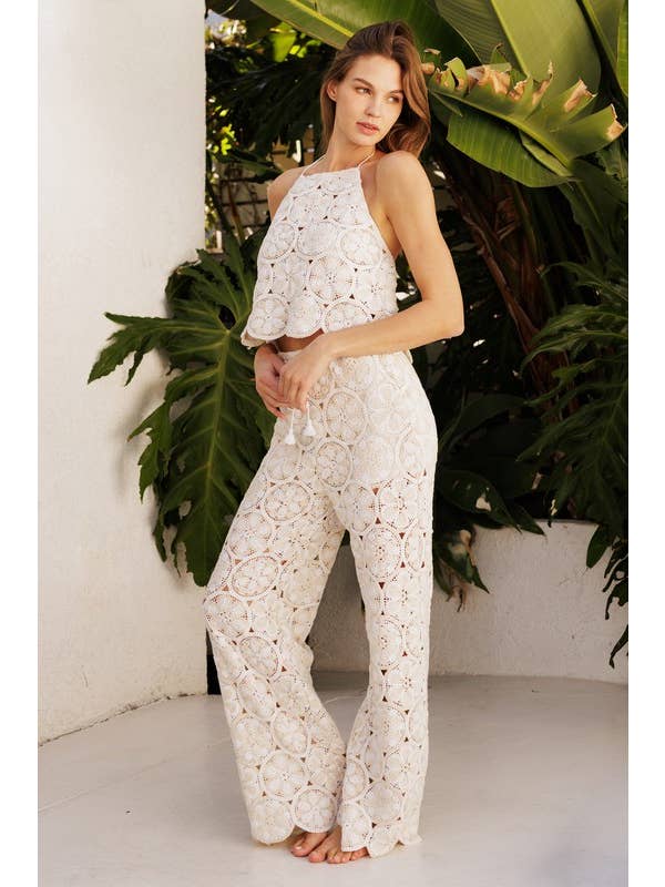 TONE LINEN Floral Crochet Halter Top & Crochet Pants for wholesale on Faire