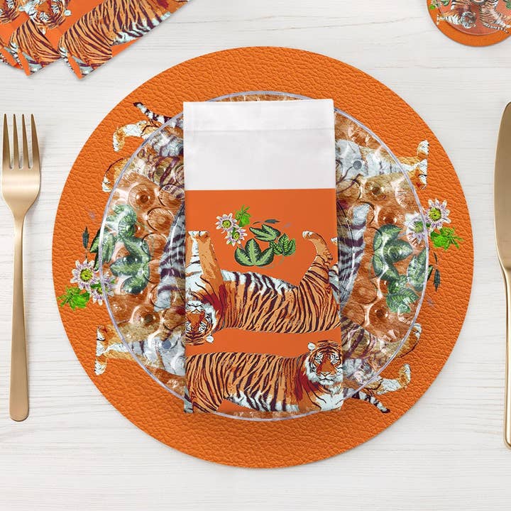 Tiger Seeing Double Orange Vegan Leather Round Pebble Placemat for wholesale by Nicolette Mayer Collection