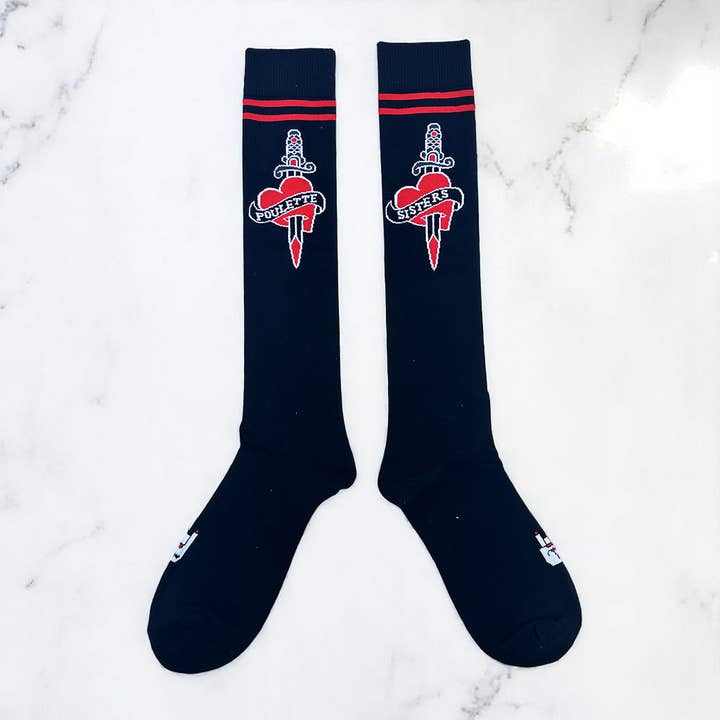 Calze alte nere "HEART TATTOO" per la vendita all'ingrosso da parte di Poulettes Sisters