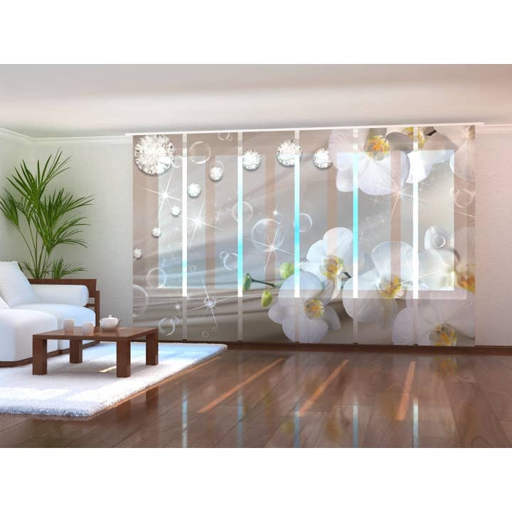 Set of 6 Orchid Rhinestone Panel Curtains on Beige Silk 2 for wholesale by IlyDecor