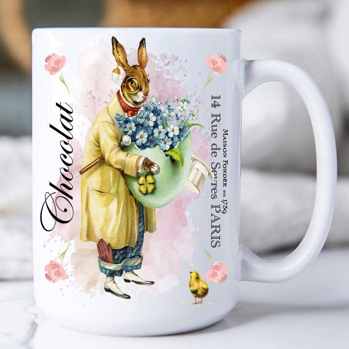 Vintage French Easter Bunny Chocolate Coffee Mug for wholesale by Avery Lane Gifts