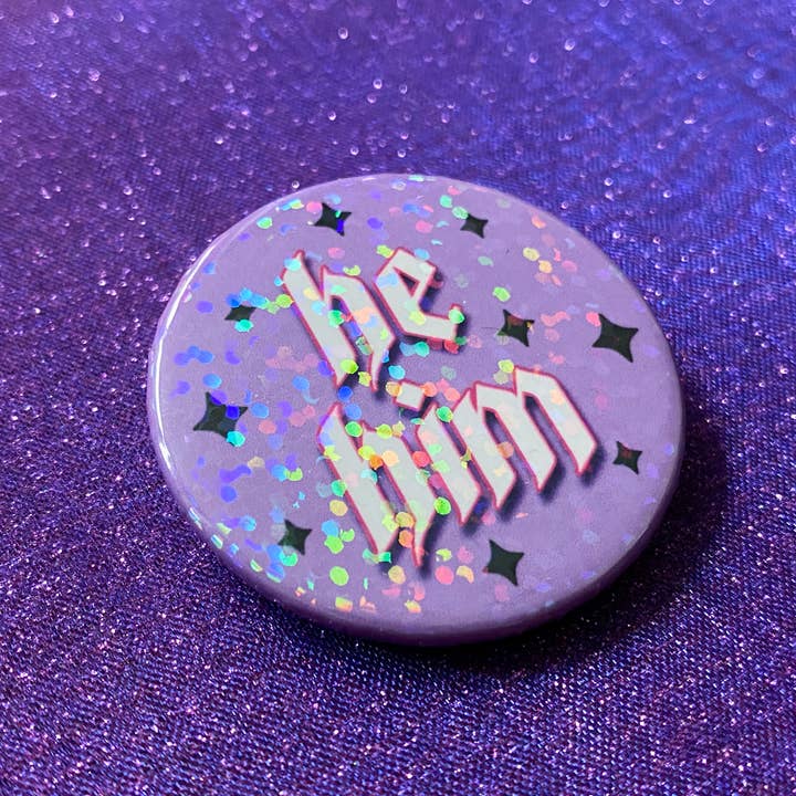 Magical Meow - Wholesale Lapel Pin/Button - He/Him Pronoun Holographic Pin Badge1