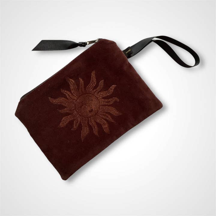 Chocolate Brown large Sun velvet zip-up pouch for wholesale by Raina Atelier