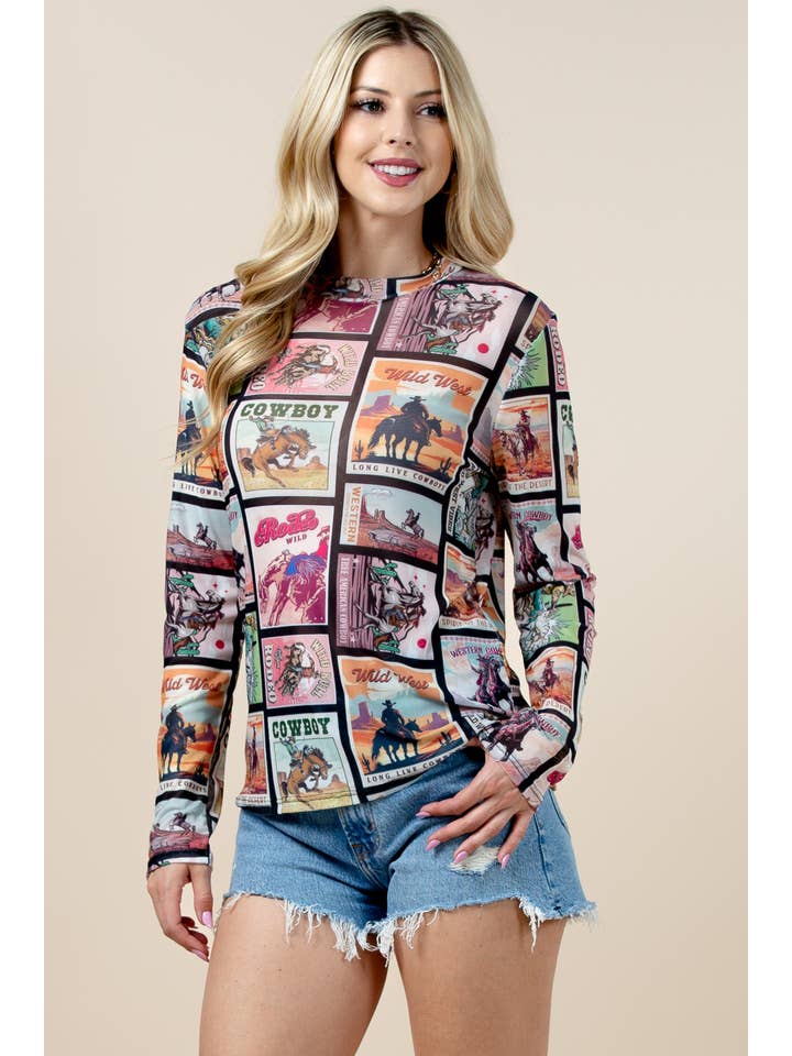 T1509-6305-Karen Rodeo Wild Mesh Print Top for wholesale on Faire5