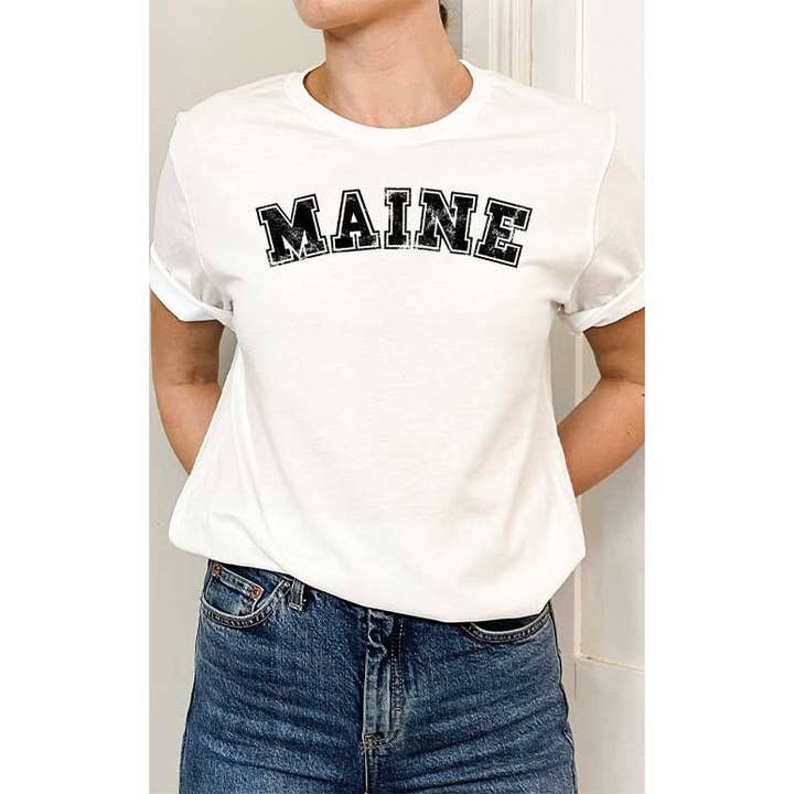 Maine State Distressed Varsity Graphic Tee for wholesale by Select Apparel