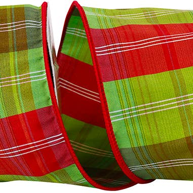 Charleston Plaid Wired Edge, Lime/red, 4 In, 10 Yards for wholesale by RELIANT RIBBON
