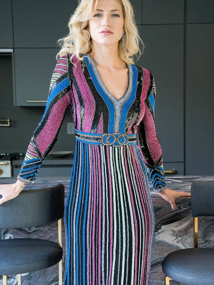 Lara 33541 - Multi Colored Sequin Long Sleeve Dress OUTLET for wholesale by Lara New York