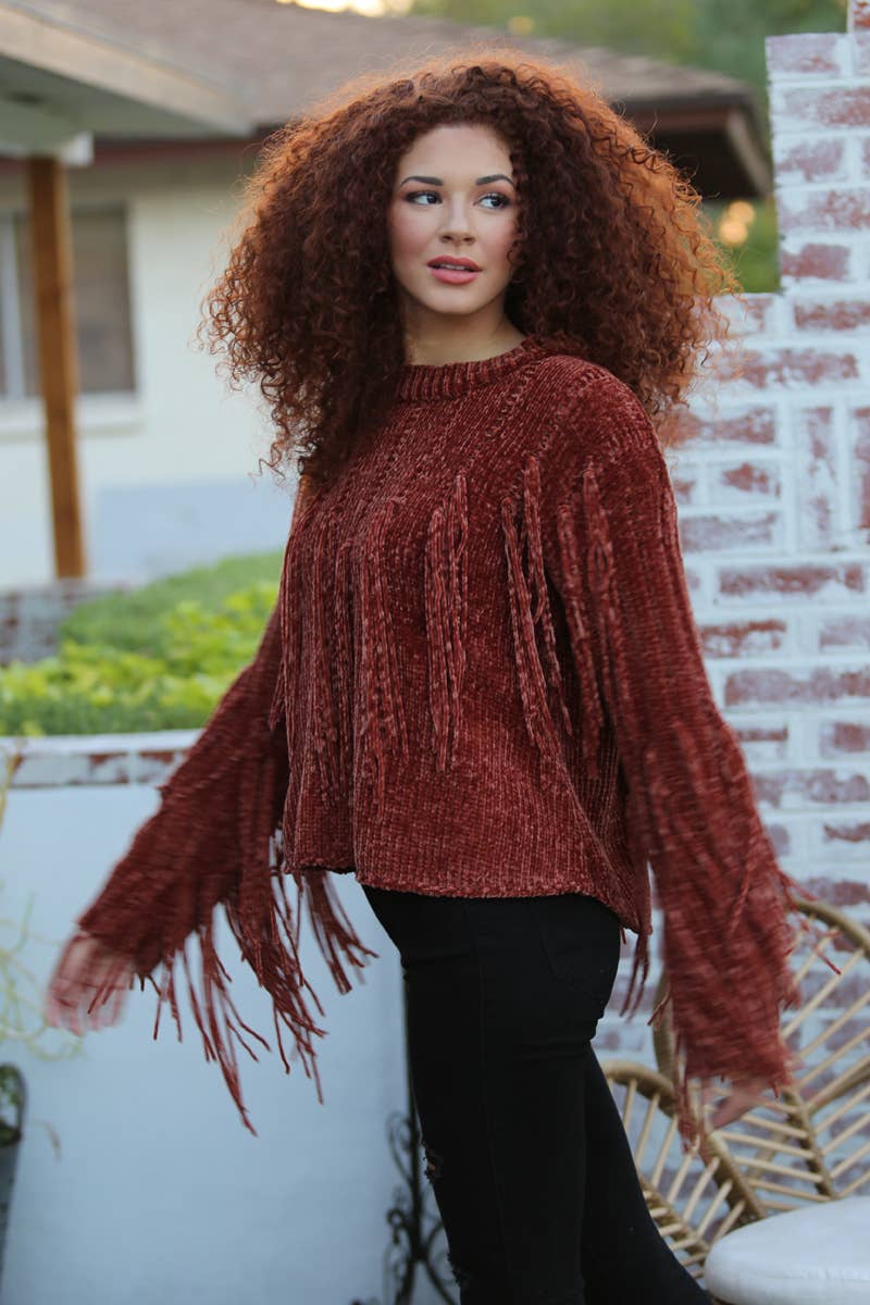 ANGIE - Wholesale Knit Sweater - Women's - XHH31-ASIS CHENILLE FRINGE PULLOVER SWEATER23