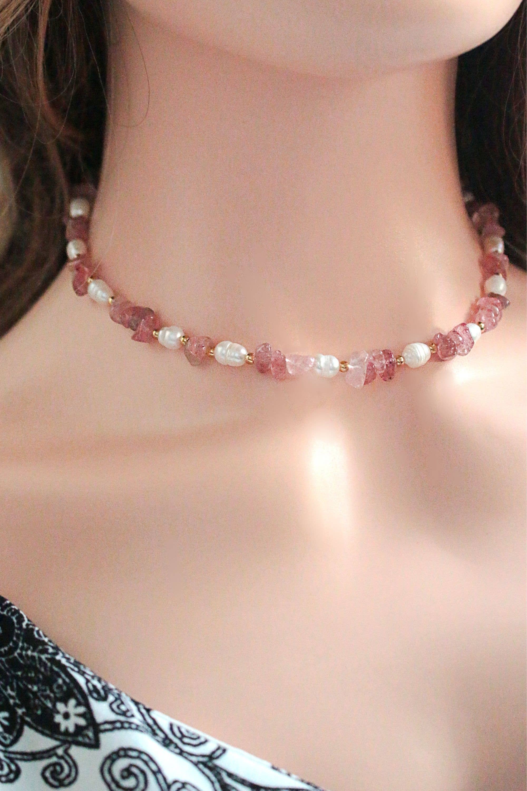 Divine Dulcet – wholesale Choker/collar – Natural Strawberry Quartz Crystal & Freshwater Pearls Choker2