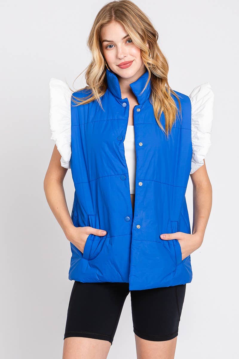 Sewn and Seen - Wholesale Outerwear Vest - Women's - PUFF SNAP BUTTON COLORBLOCK HIGH NECK VEST21