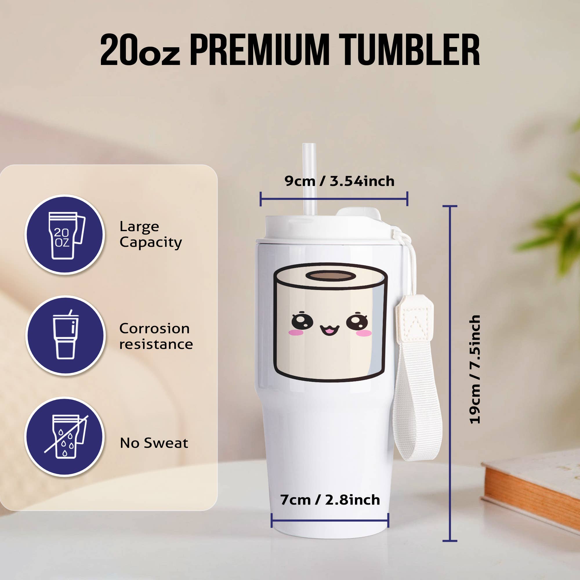 3dRose - Wholesale Insulated Mug/Tumbler - 3dRose, Cute Kawaii Illustration Of A Roll Of Toilet Paper, Tumbler1