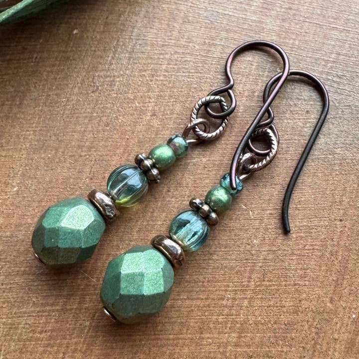 Long Green Earrings Vintage Inspired Aqua Stacked Niobium for wholesale by Vintage Earth