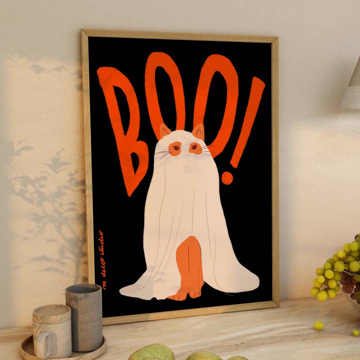 Boo Cat Art Print for wholesale by RM Decor Studio