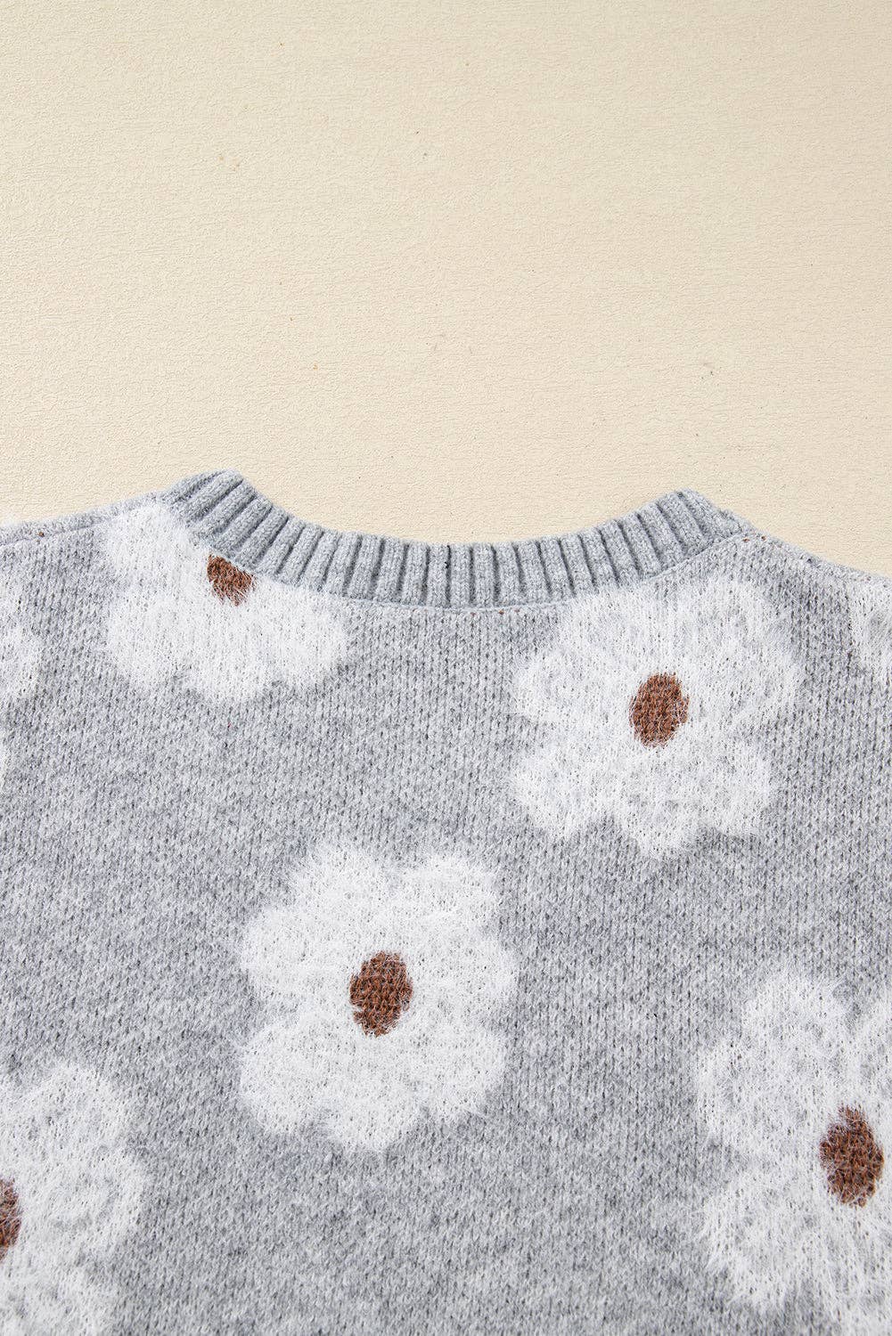 Gray Cute Flower Print V Neck Drop Shoulder Baggy Sweater for wholesale on Faire3
