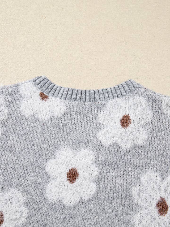 Gray Cute Flower Print V Neck Drop Shoulder Baggy Sweater for wholesale on Faire3