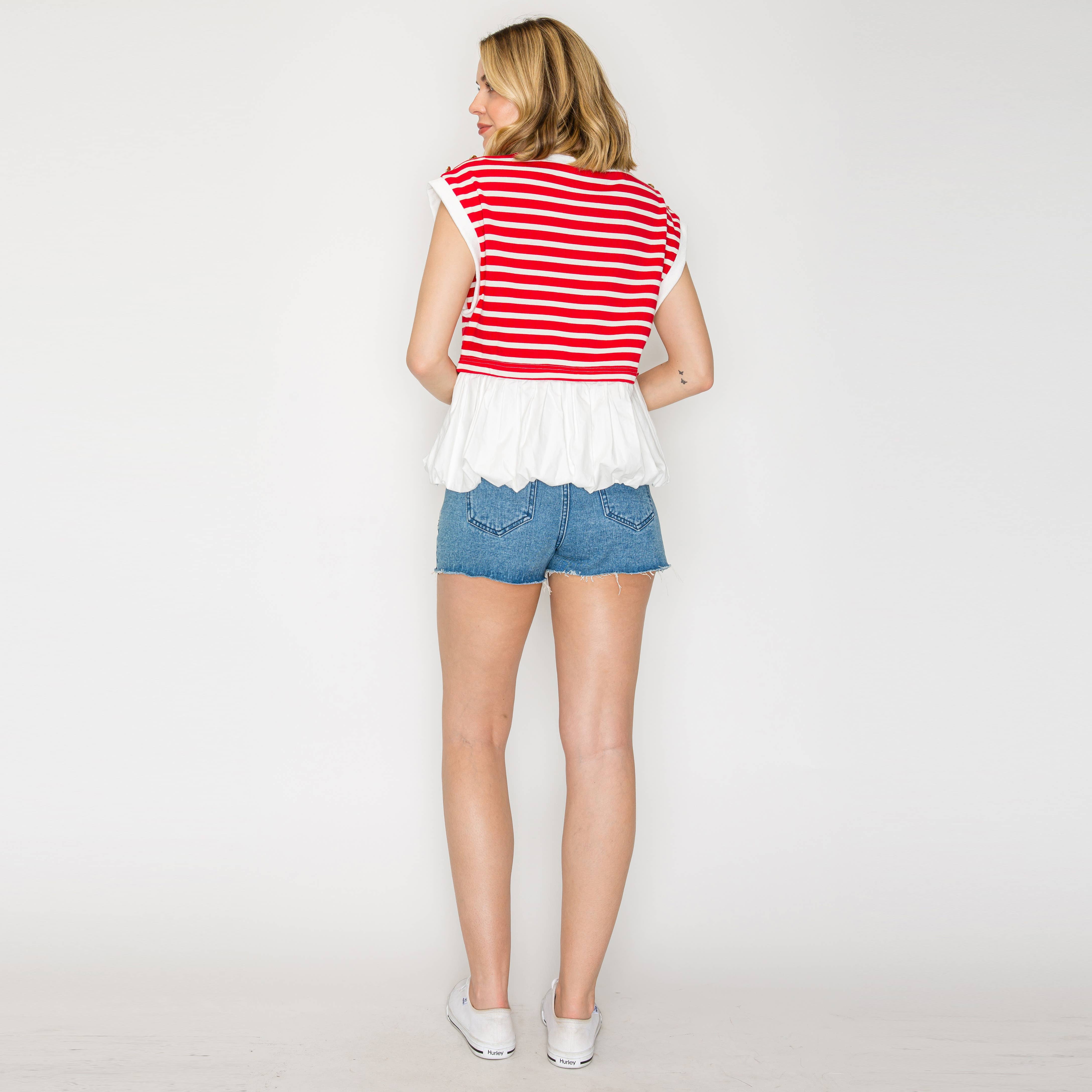 LoveWednesday - Vente Chemisier – femme - Haut à volants à bulles avec rayures rouges - LWT20682