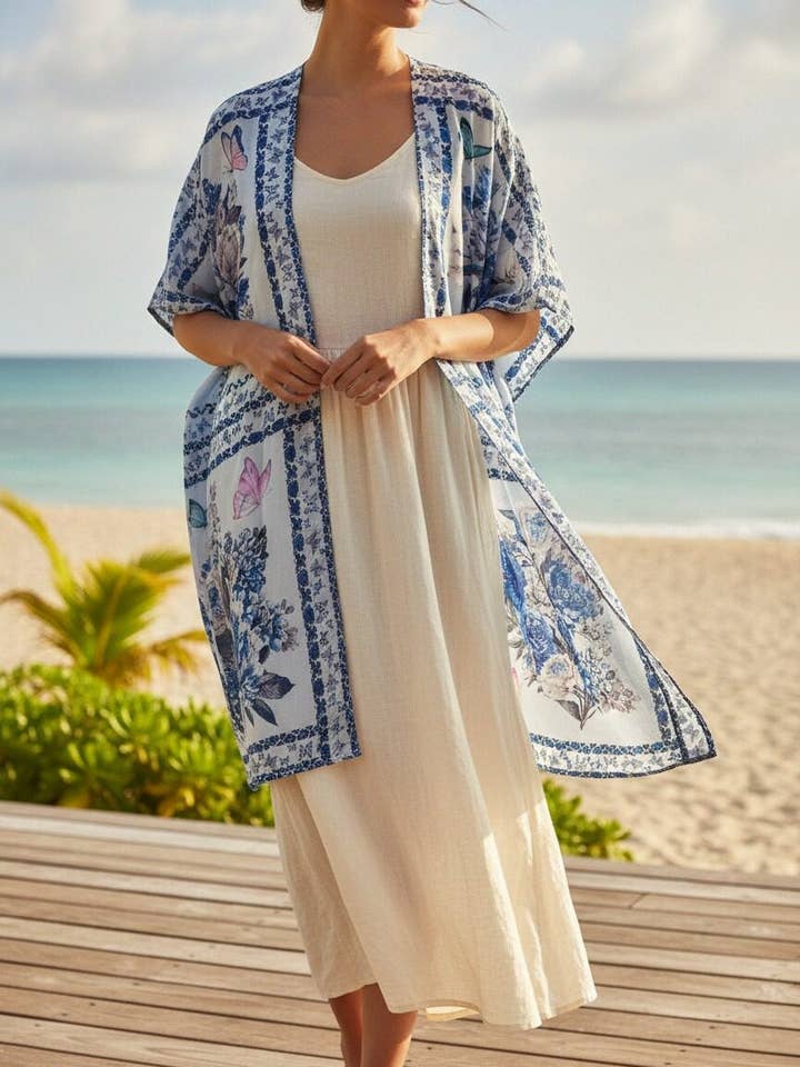 JC081160 Blå Blomstret Sommerfugl Fuglegrænse-Accent Kimono for engroshandel hos JC Sunny Fashion