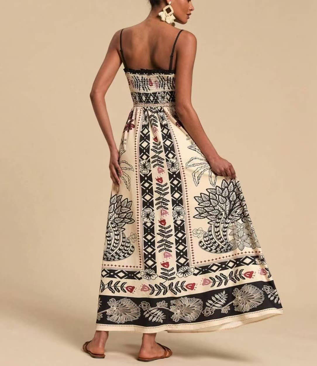 Rosa Clothing - Wholesale Dress - Women's - Boho Color Block Tropical Smocked Slip Dress6