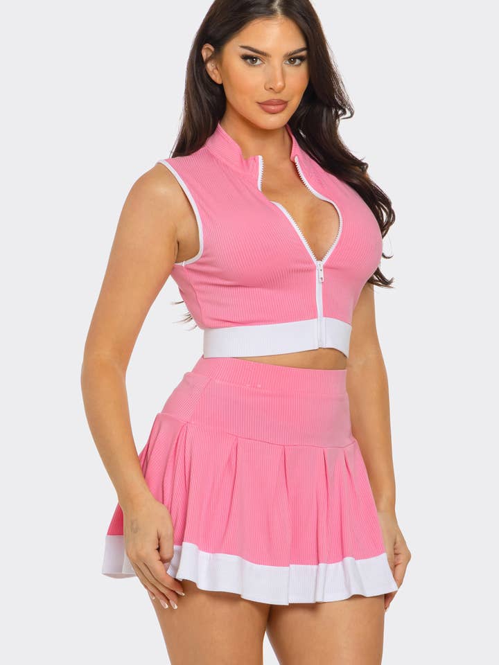 Julia by LoveJ - Wholesale Top & Skirt Set - Women's - Front Zipper Crop Top And Pleated Mini Skirt Set 6