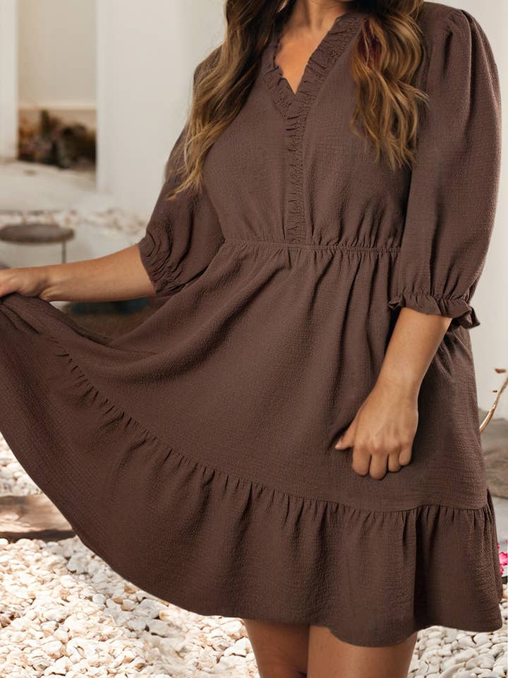 LDC Frilled Trim V Neck Puff Sleeve Textured Mini Dress for wholesale by Little Daisy Closet