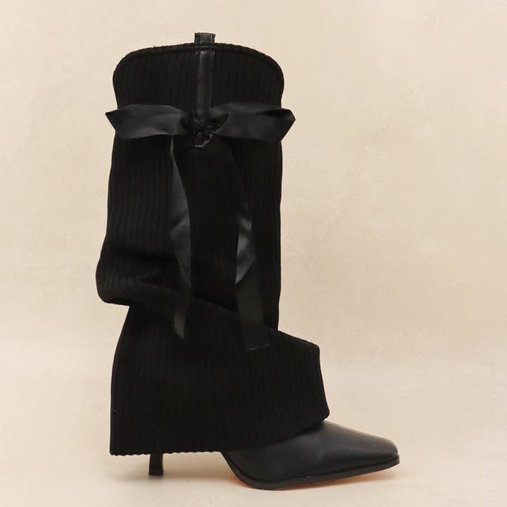 CODE WORDS - Chic & Cozy Coquette Boot, Satin Bow, Rib Knit for wholesale by Lemonade Shoes