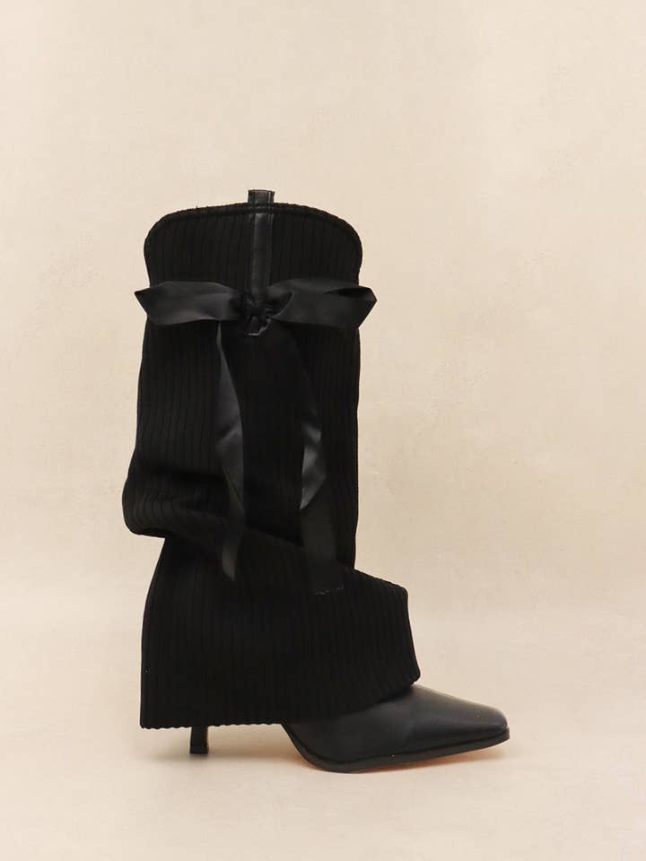 CODE WORDS - Chic & Cozy Coquette Boot, Satin Bow, Rib Knit for wholesale by Lemonade Shoes