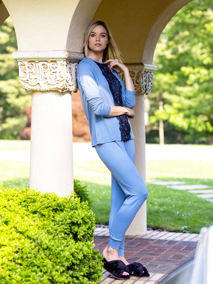 Lace Trim Pajamas - Steel Blue for wholesale by Ellwi Design