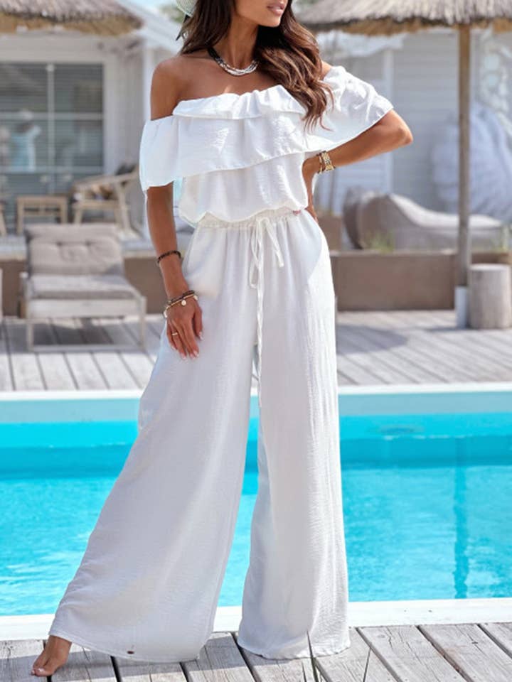 Macacão com Folhos e Ombros Descobertos e Calças de Perna Larga por atacado de EmberLoom