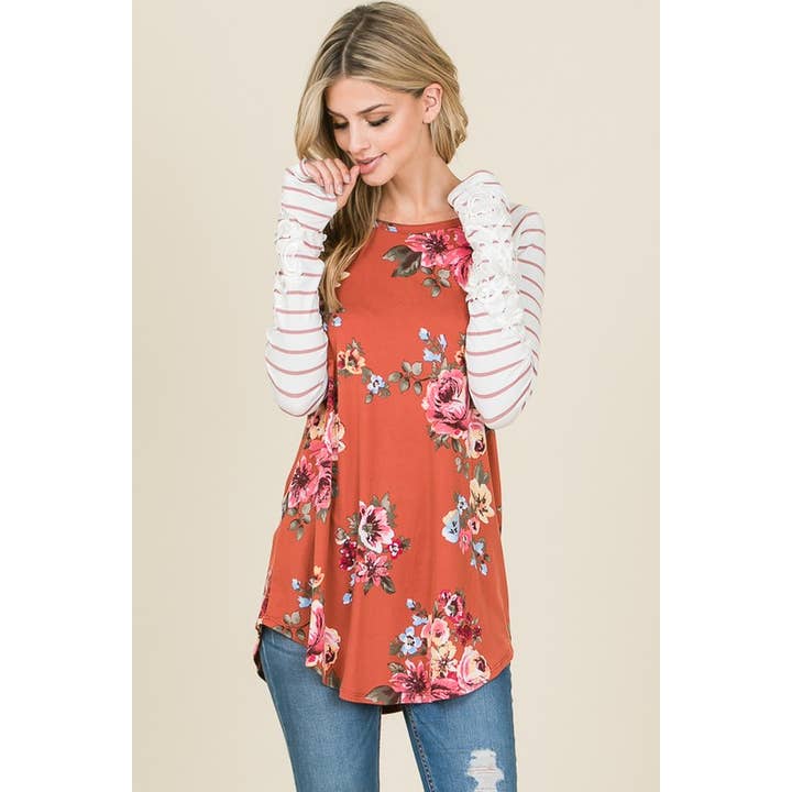 Long Sleeve Floral Top With Laced Wrist Detail for wholesale by Reborn J