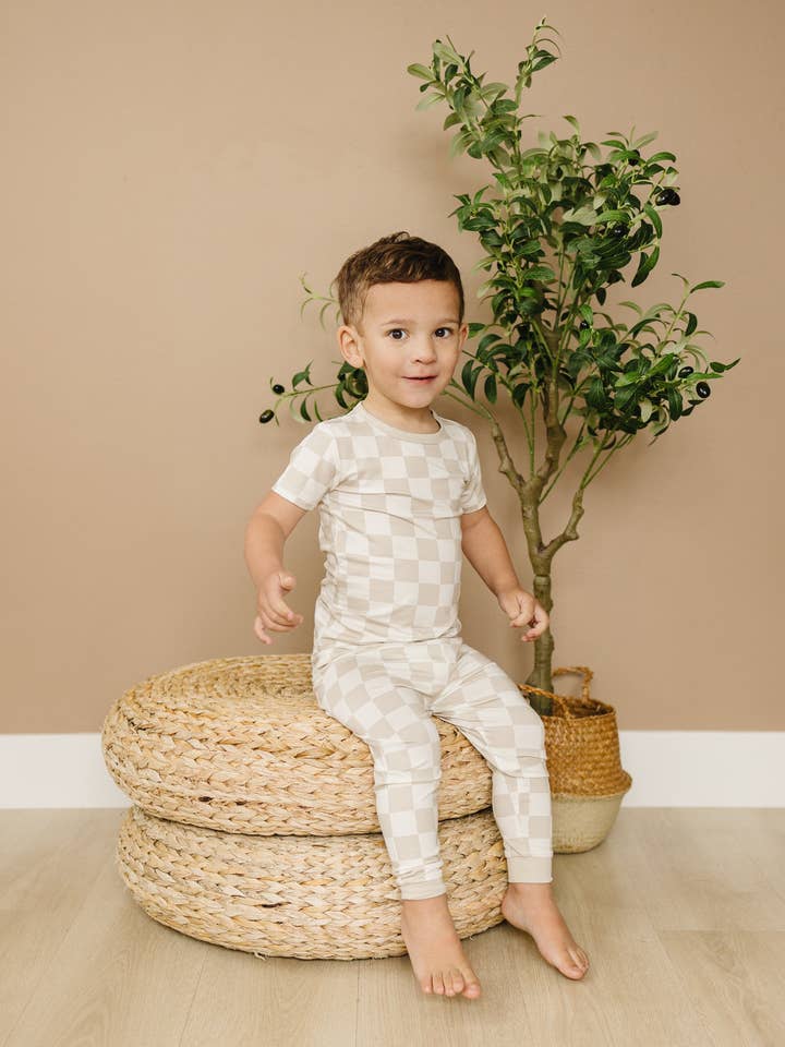 Little Joy Co. - Wholesale Sleepwear Set - Kids - Neutral Checker 2pc Bamboo Pajamas Toddler Boy PJs Set Check
