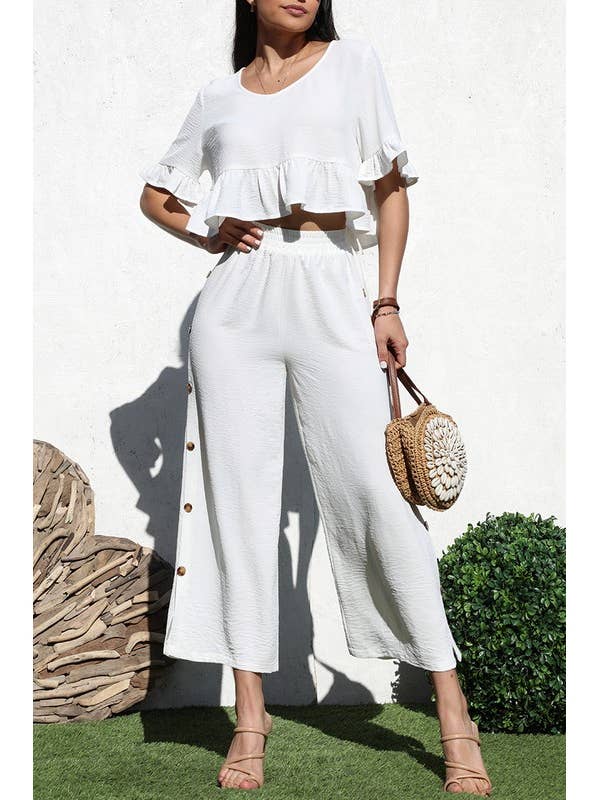 RUFFLED TOP WOVEN AND PANT SET for wholesale by MintChoco