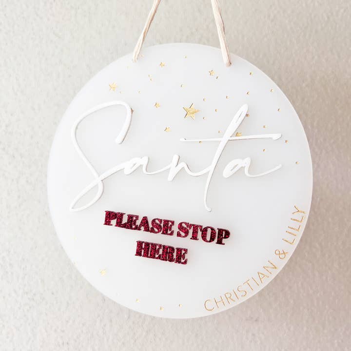 Santa please stop here - Personalised Hanging Sign for wholesale by Lavender Co Creative