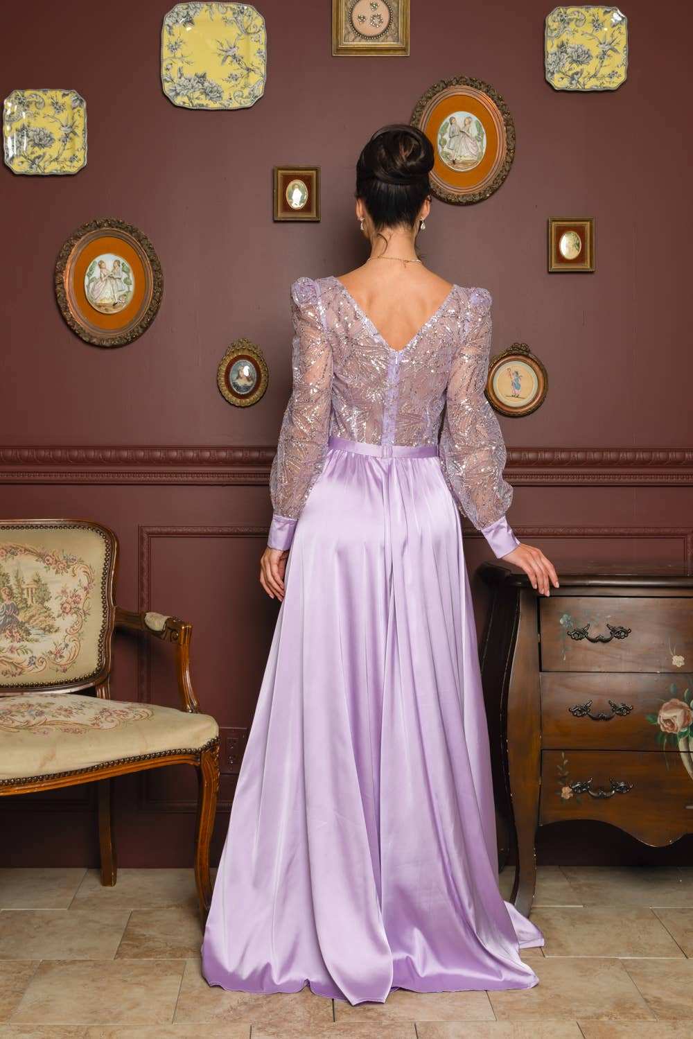 RICARICA INC. - Wholesale Gown - Women's - 2431-SOLID COLOR SATIN AND SEQUIN GLITTER MAXI DRESS2