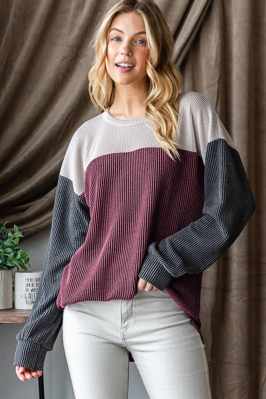 HEIMISH - Wholesale Knit Top - Women's - ET7662-10 LONG PUFF SLEEVE URBAN RIBBED COLOR BLOCK TOP10