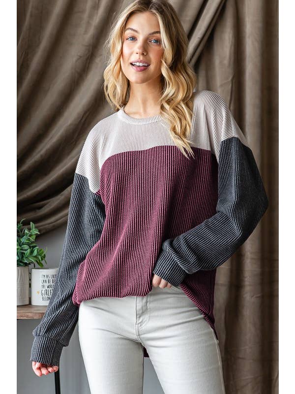 HEIMISH – wholesale Knit top – Women's – ET7662-10 LONG PUFF SLEEVE URBAN RIBBED COLOR BLOCK TOP10