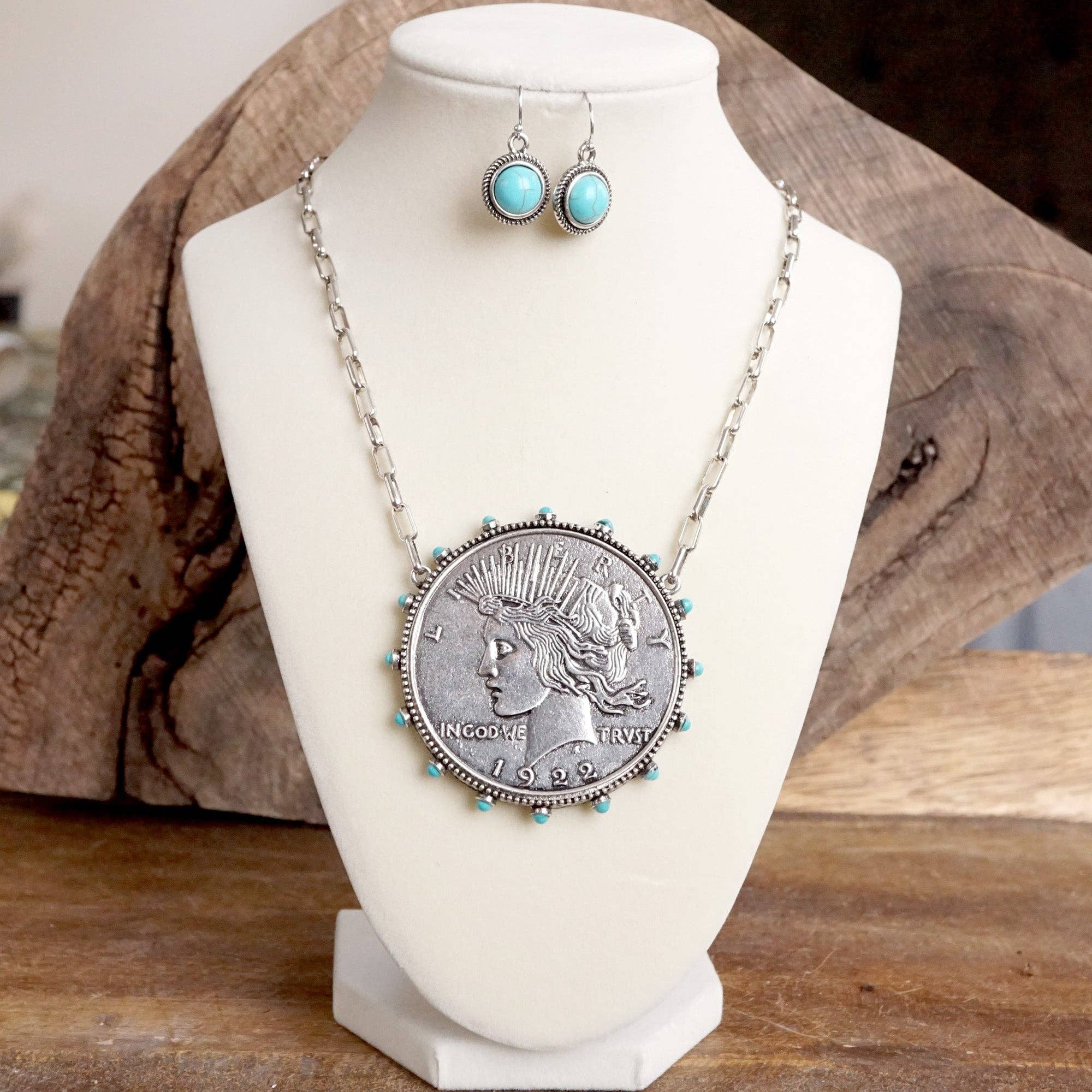 PennyLine inc - Wholesale Pendant/Charm Necklace - Western Boho Coin Necklace Set with Turquoise Accents – Worn Silver Tone1