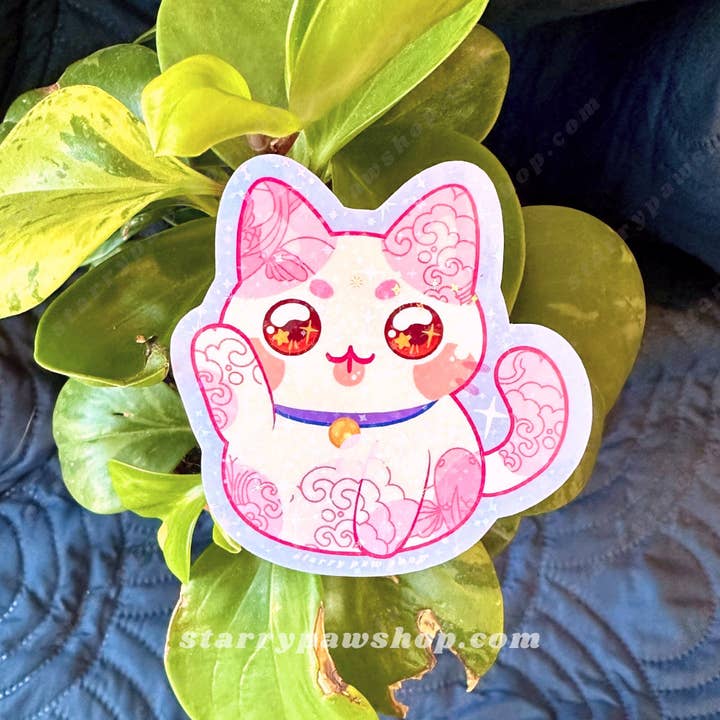 Starry Paw Shop - Wholesale Sticker - Lucky Cat Porcelain Sticker 3" Sparkly Holo water resistant1
