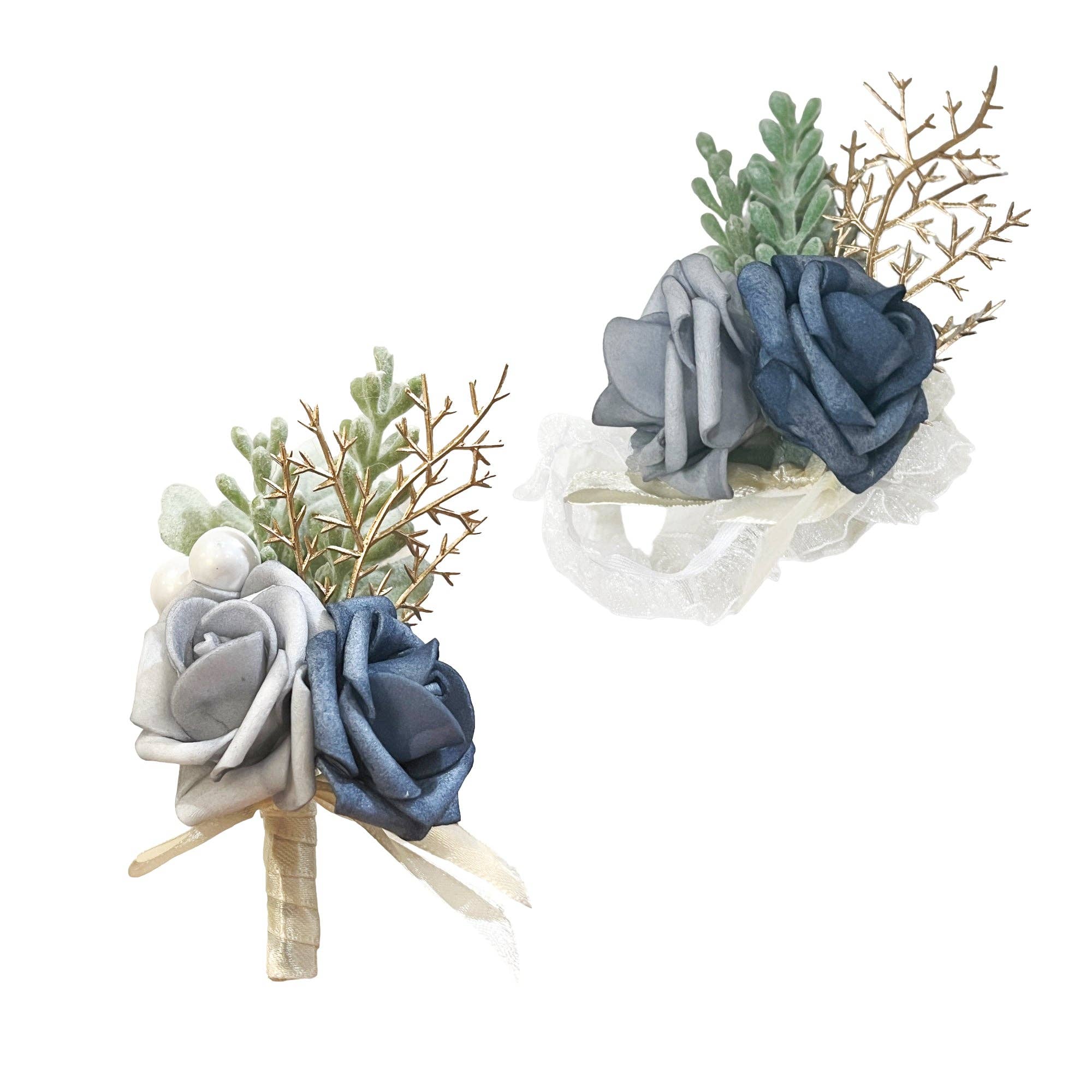 Sun Decorer - Wholesale Artificial Flowers - Artificial Rose Wrist Corsag and Boutonniere in Bluish-Grey Color4
