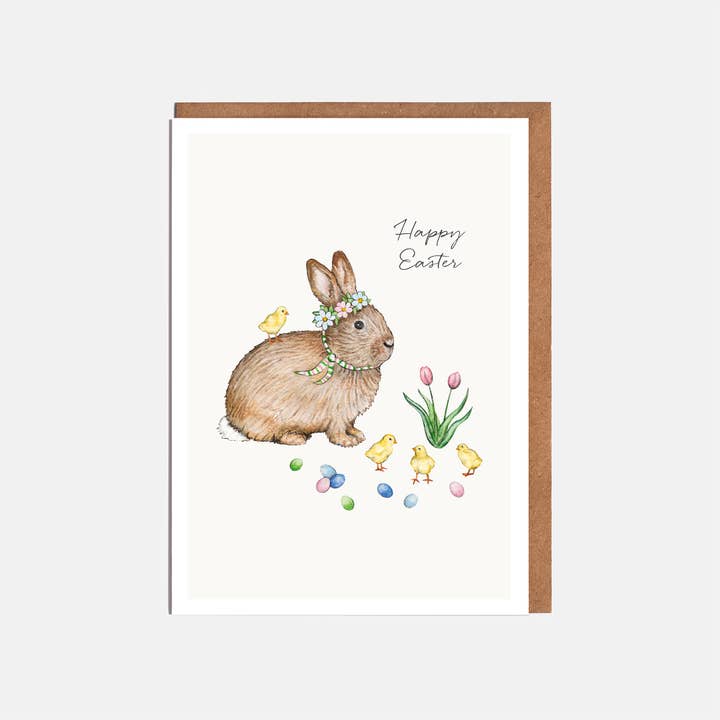 Rabbit & Chicks Easter Card - 'Happy Easter' for wholesale by Lottie Murphy