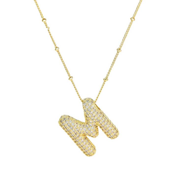 The Classy Cloth WS - Wholesale Pendant/Charm Necklace - Jeweled Cz Bubble Letter Initial Necklace - Gold RTS11