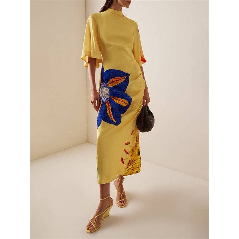 Yellow Half Sleeve Dahlia Printed Crepe Midi Dresses for wholesale on Faire3