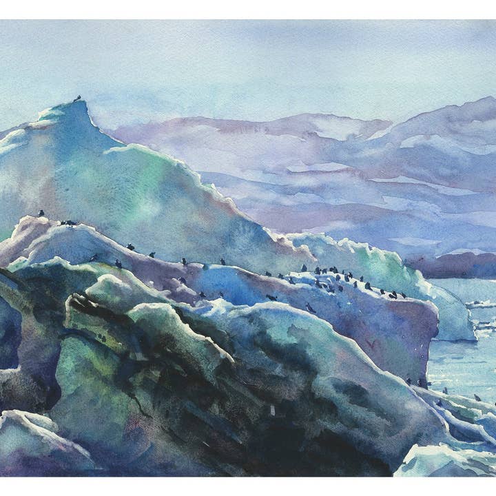 Colorful home art Iceland landscape painting, glacier icebergs melting watercolor painting. Iceland home decor Icelandic home decor (print) for wholesale by Ryan Fox Fine Art
