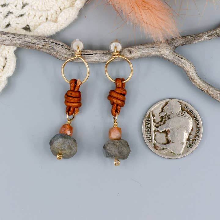 The Stitch Alliance - Wholesale Dangle Earrings - Labradorite & Sunstone Drop Earrings 14k Gold Fill Leather3