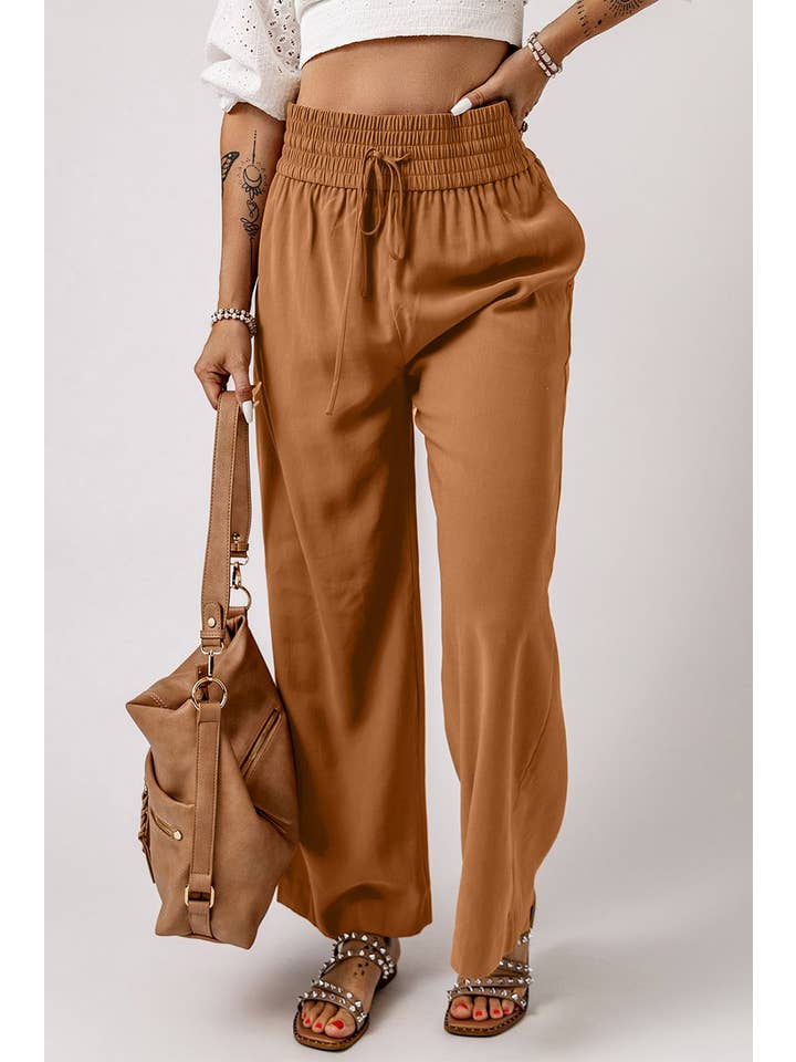 Brown Drawstring Elastic Waist Casual Wide Leg Pants for wholesale on Faire