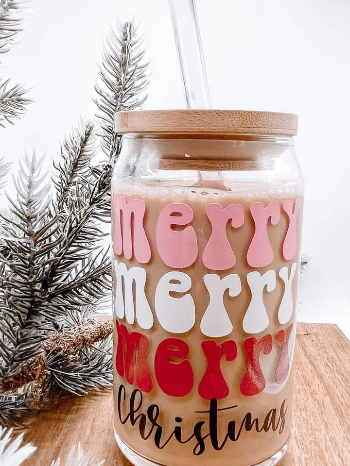 Merry Christmas Retro Pink Coffee Beer Can Glass Mug for wholesale by Wild Souls Co