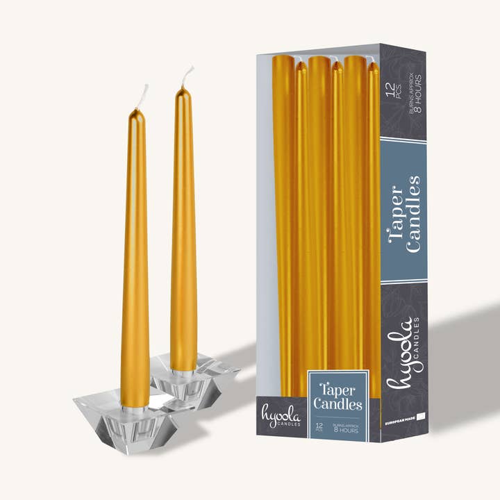 Metallic Gold Taper Candles - 10 Inch - 12 Pack for wholesale by Hyoola Candles