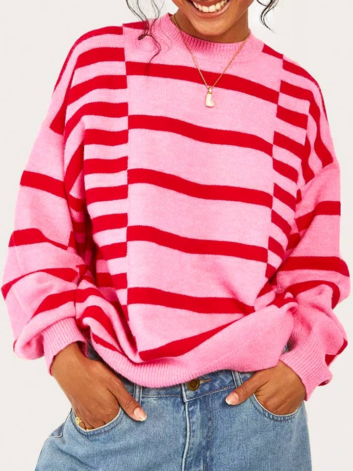 Pink Stripe Bubble Sleeve Drop Shoulder Ribbed Trim Sweater for wholesale by Secret Style Source