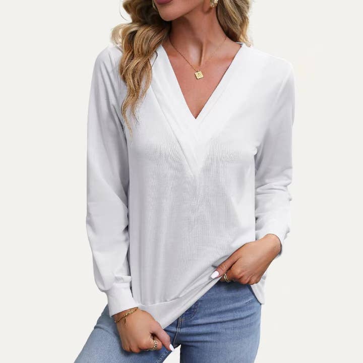 Super Simply Solid V Neckline Long Sleeve Pullover Top for wholesale by The Moment Collection